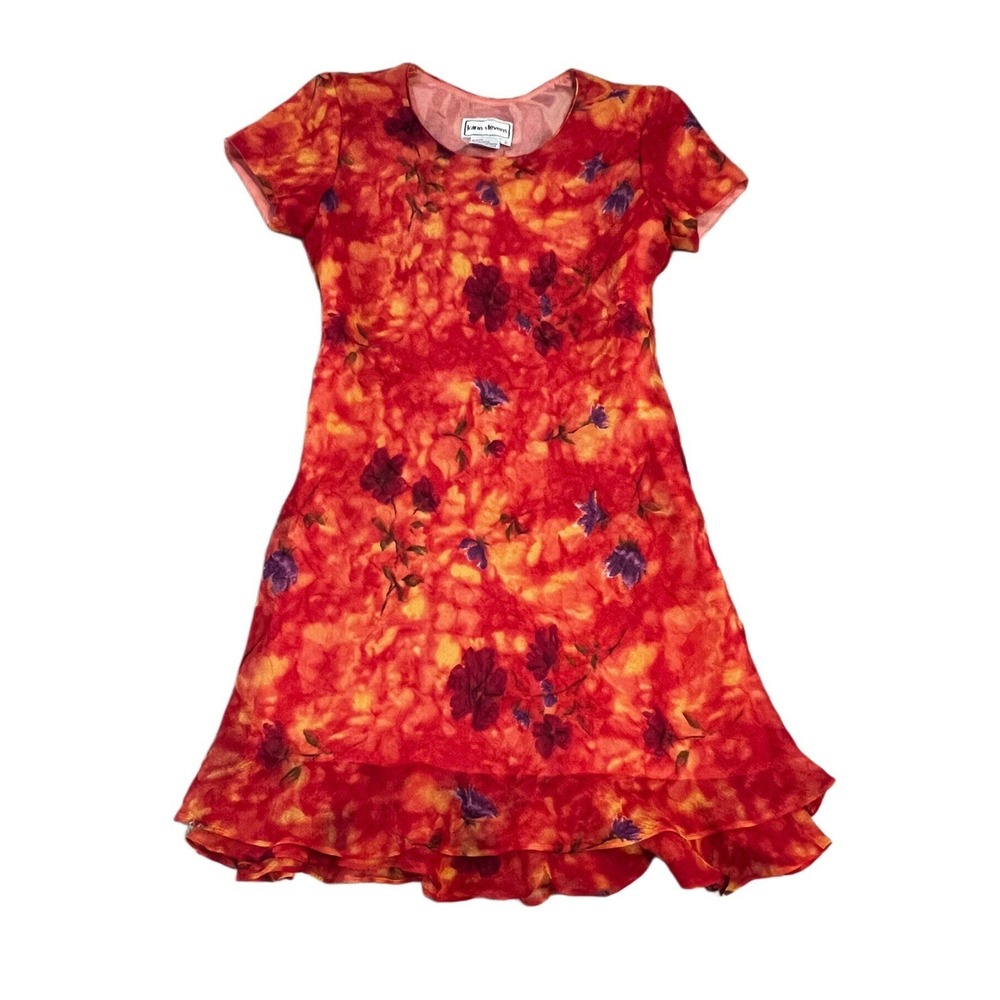 Vintage 90s Red Orange Garden Party Cottage Core Floral SS Ruffle Dress Size 6